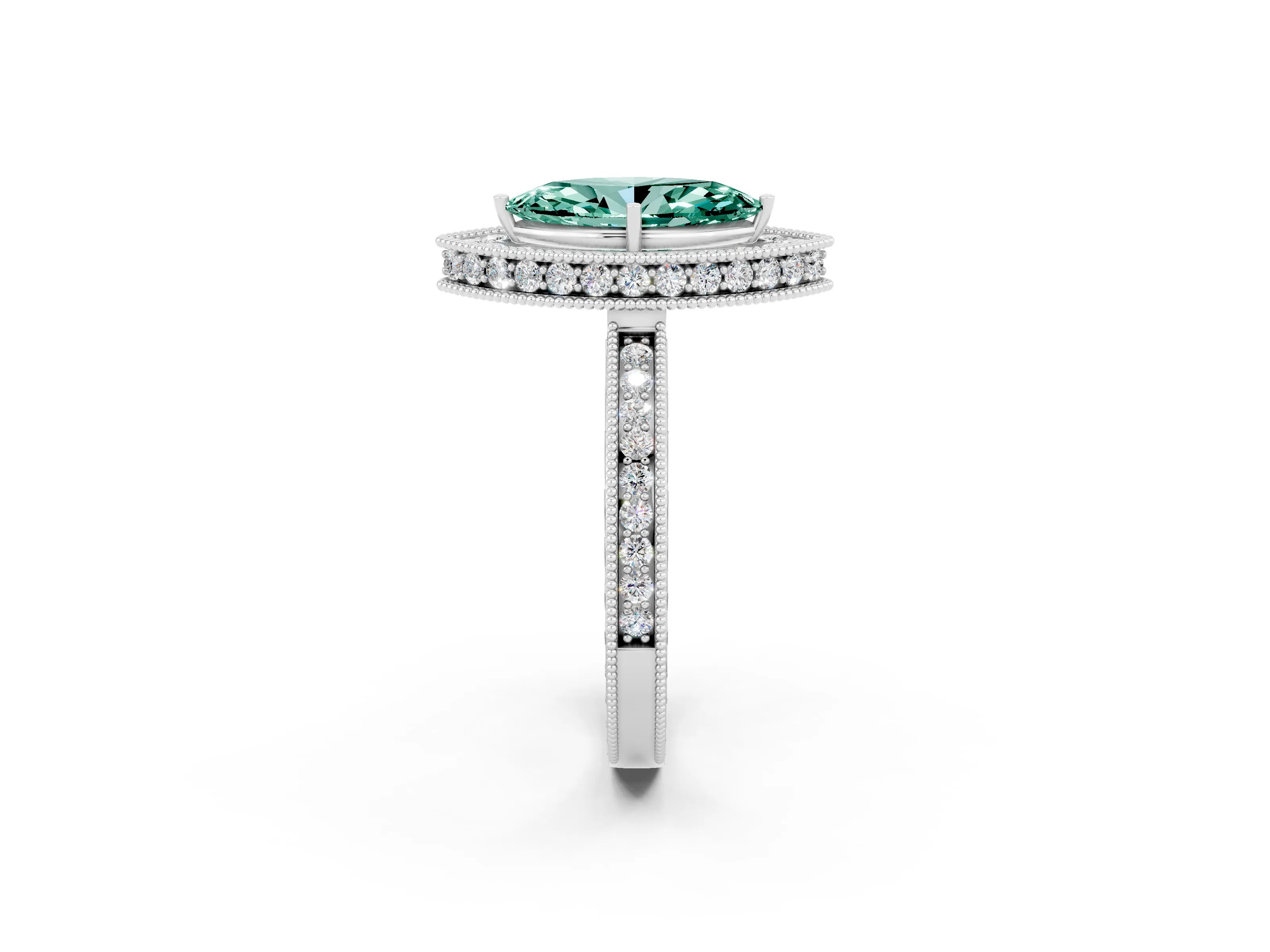 White gold Marquise Cut Halo Diamond Engagement Ring with Milgrain Pave Band and Four-Prong Setting_2