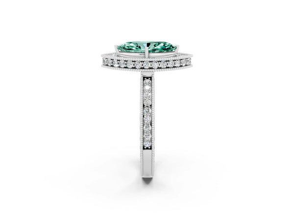 Silver Marquise Cut Halo Diamond Engagement Ring with Milgrain Pave Band and Four-Prong Setting
