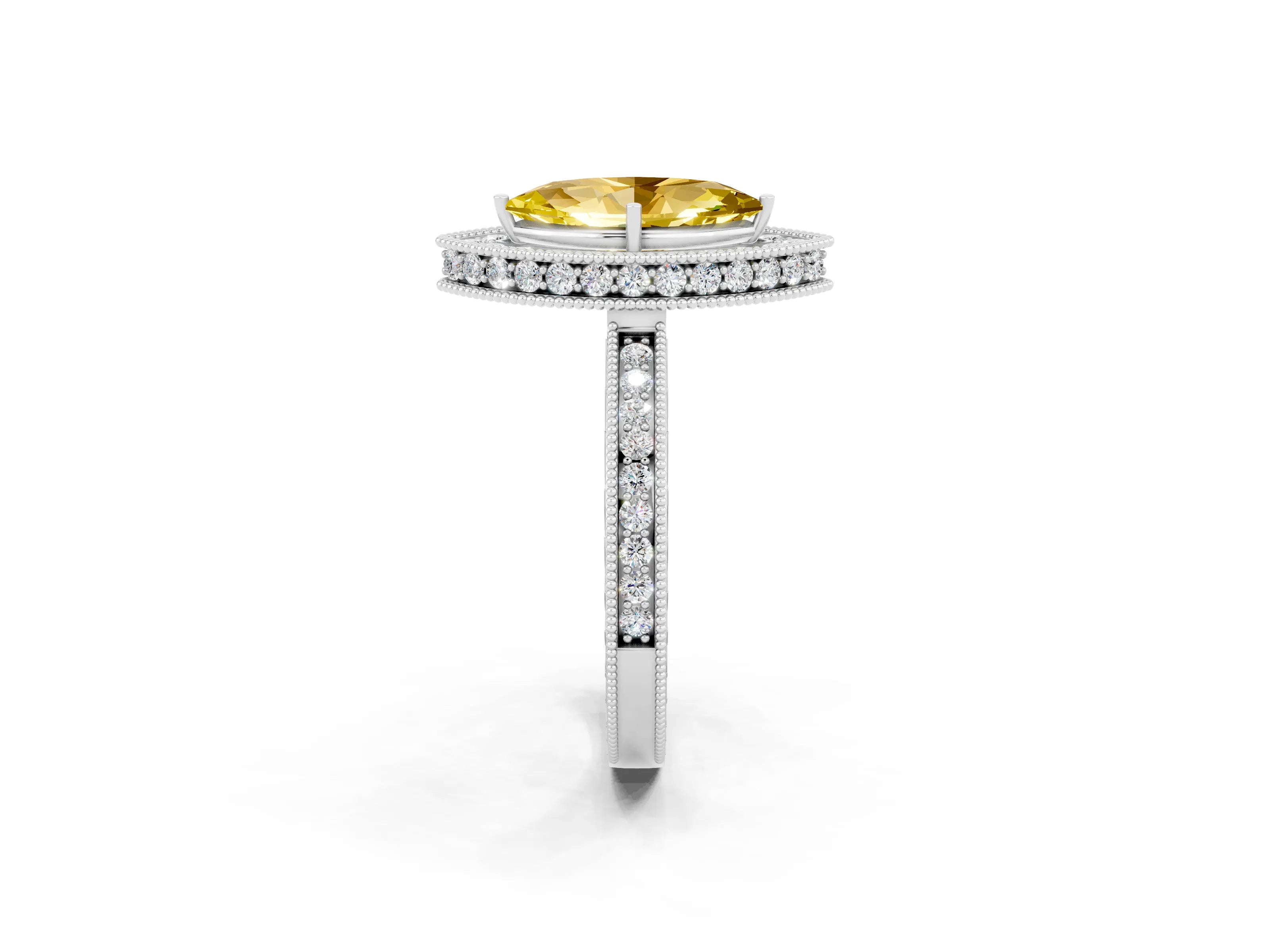 White gold Marquise Cut Halo Diamond Engagement Ring with Milgrain Pave Band and Four-Prong Setting_2