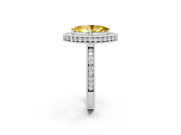 Platinum Marquise Cut Halo Diamond Engagement Ring with Milgrain Pave Band and Four-Prong Setting