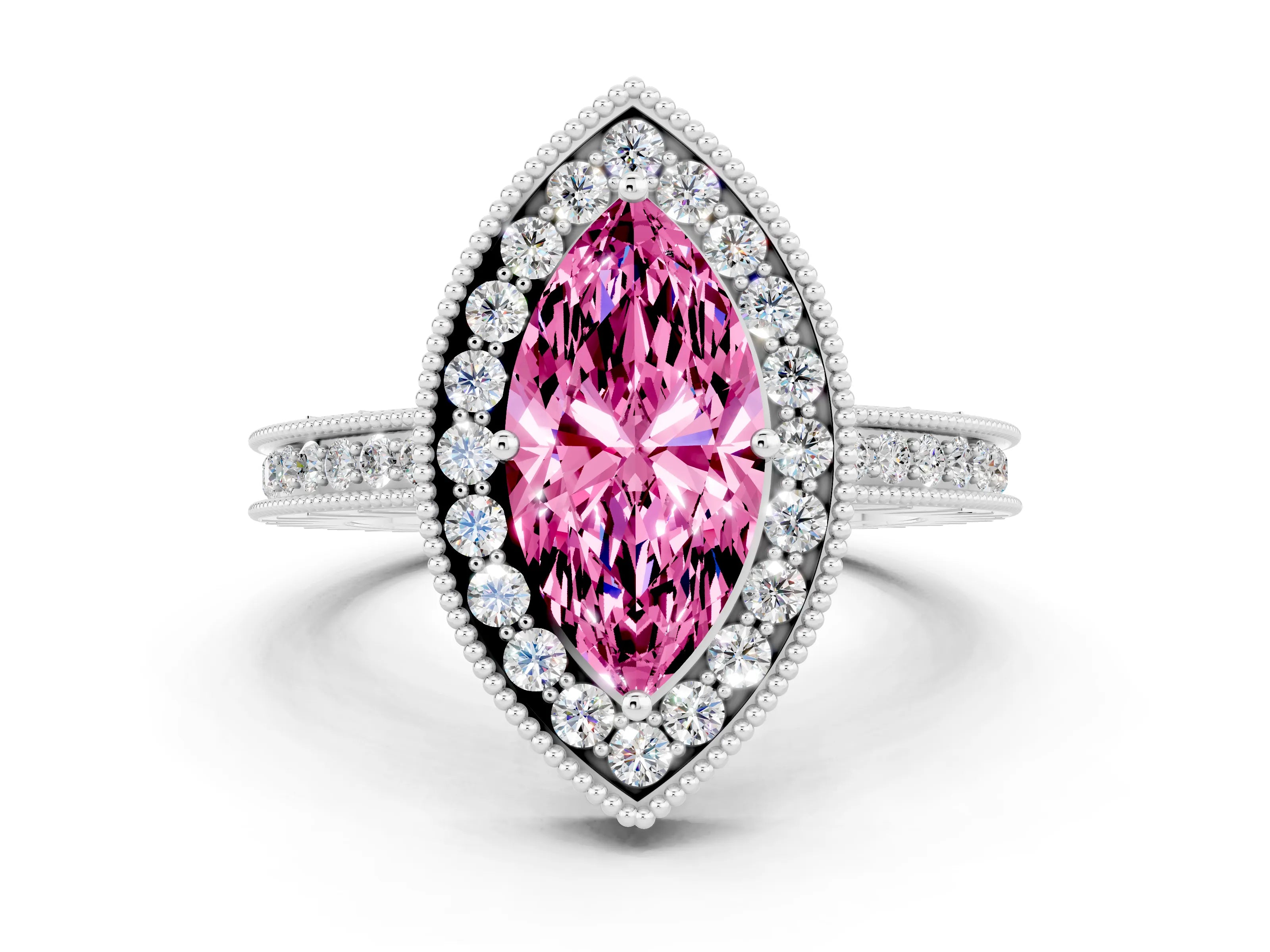 White gold Marquise Cut Halo Diamond Engagement Ring with Milgrain Pave Band and Four-Prong Setting