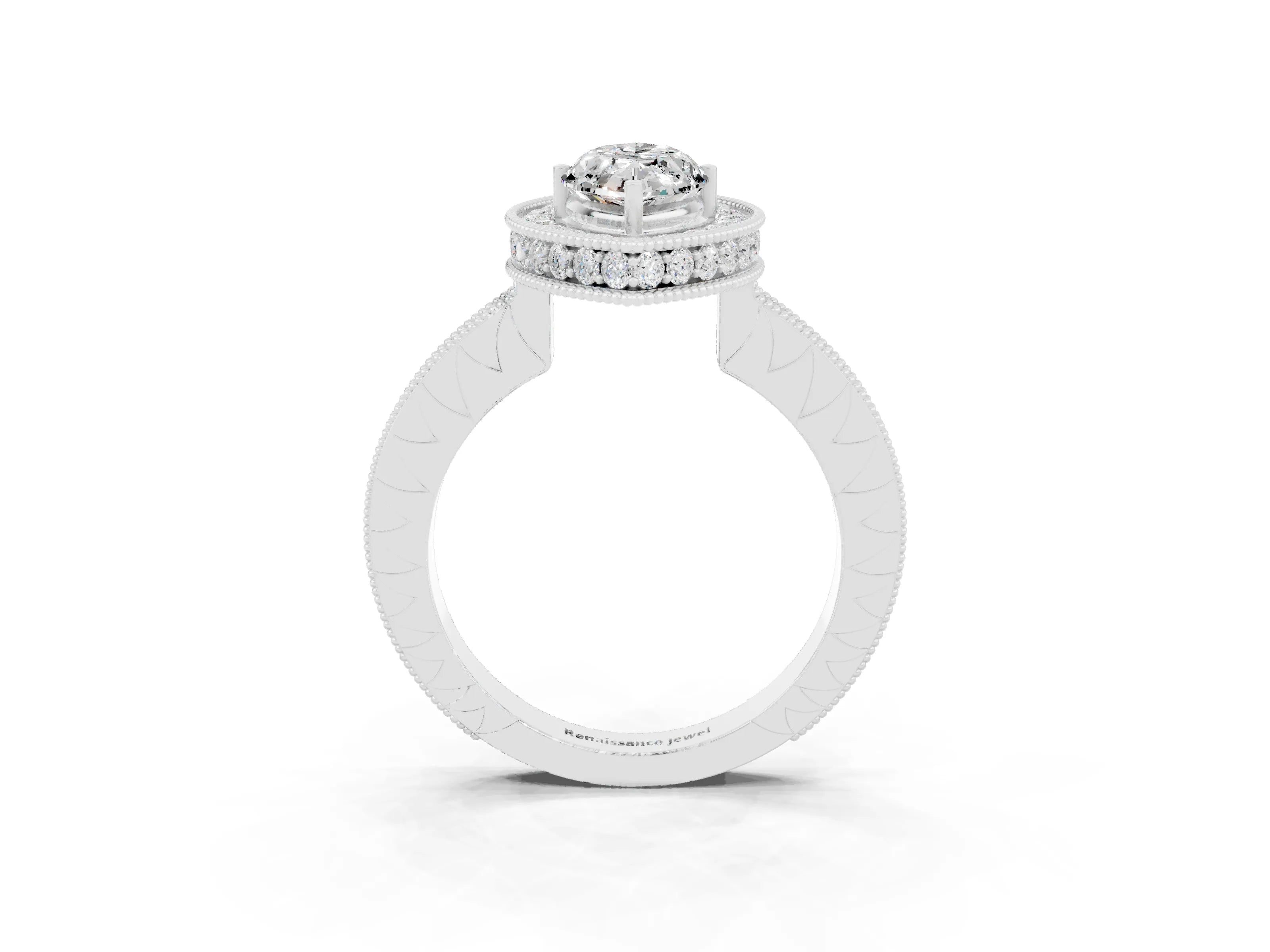 White gold Marquise Cut Halo Diamond Engagement Ring with Milgrain Pave Band and Four-Prong Setting_3