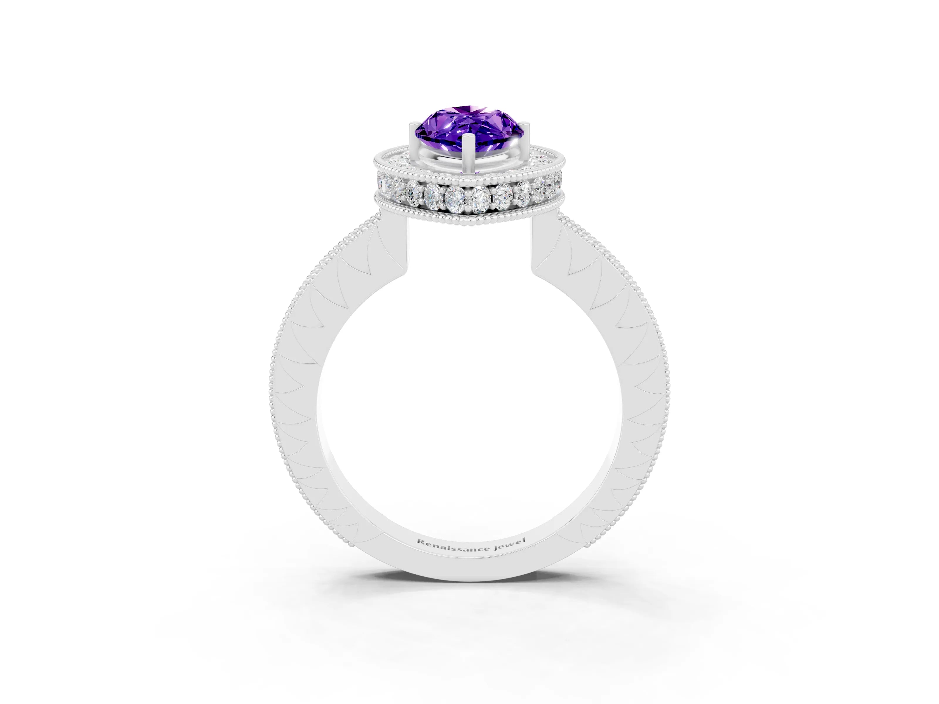White gold Marquise Cut Halo Diamond Engagement Ring with Milgrain Pave Band and Four-Prong Setting_3