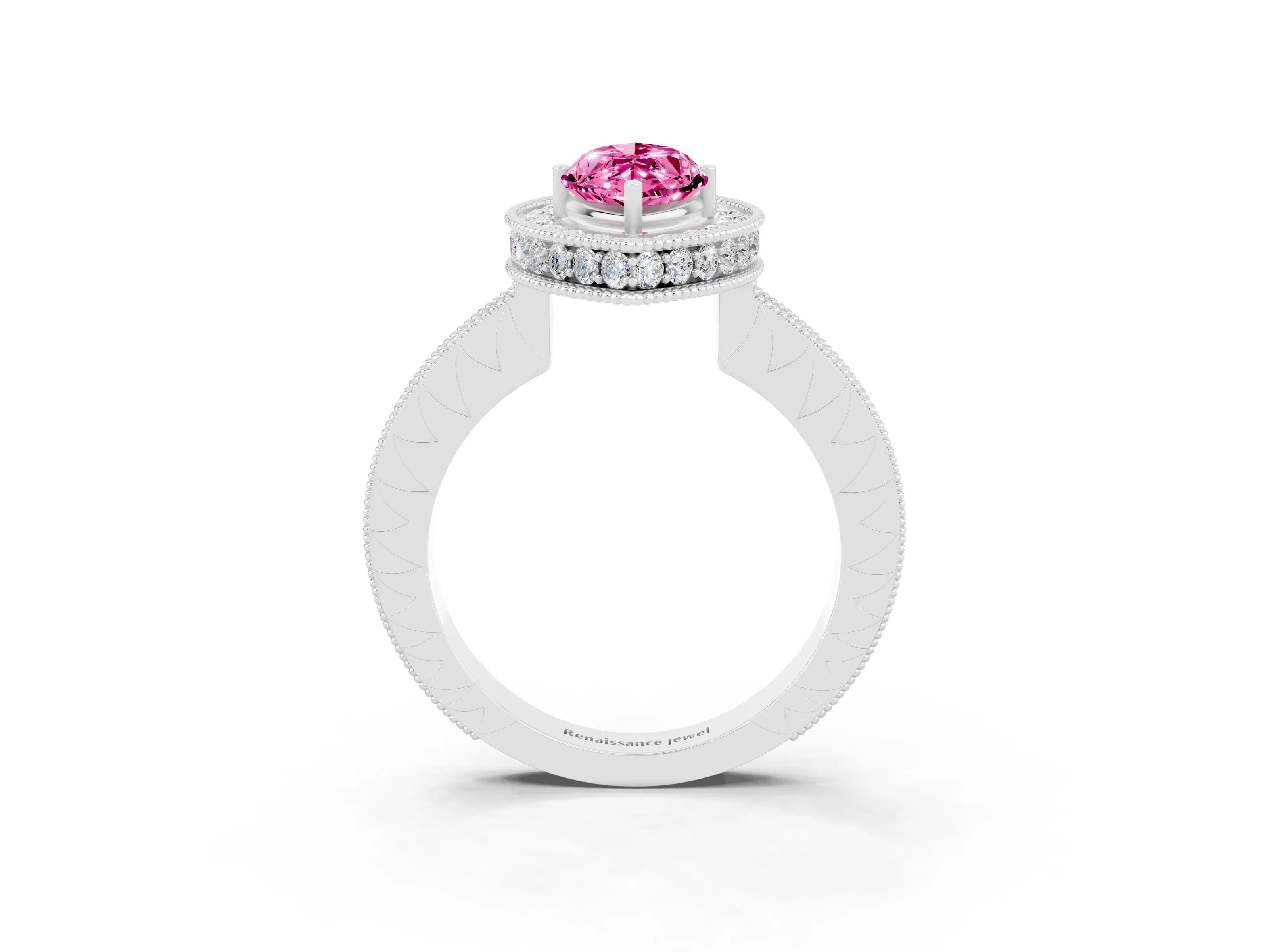White gold Marquise Cut Halo Diamond Engagement Ring with Milgrain Pave Band and Four-Prong Setting_3