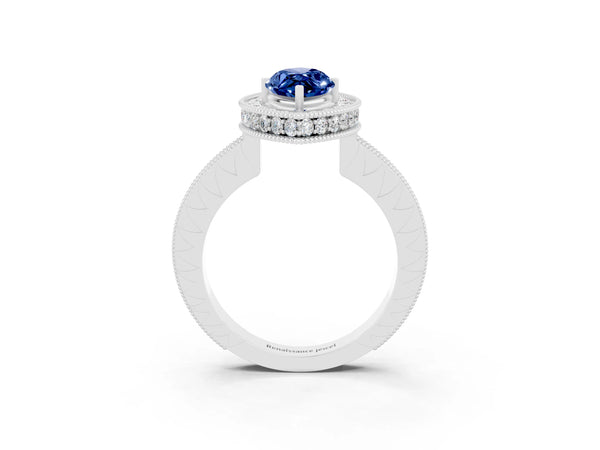 Silver Marquise Cut Halo Diamond Engagement Ring with Milgrain Pave Band and Four-Prong Setting
