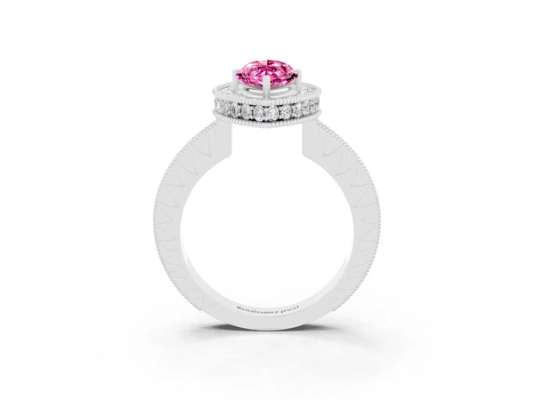 White gold Marquise Cut Halo Diamond Engagement Ring with Milgrain Pave Band and Four-Prong Setting