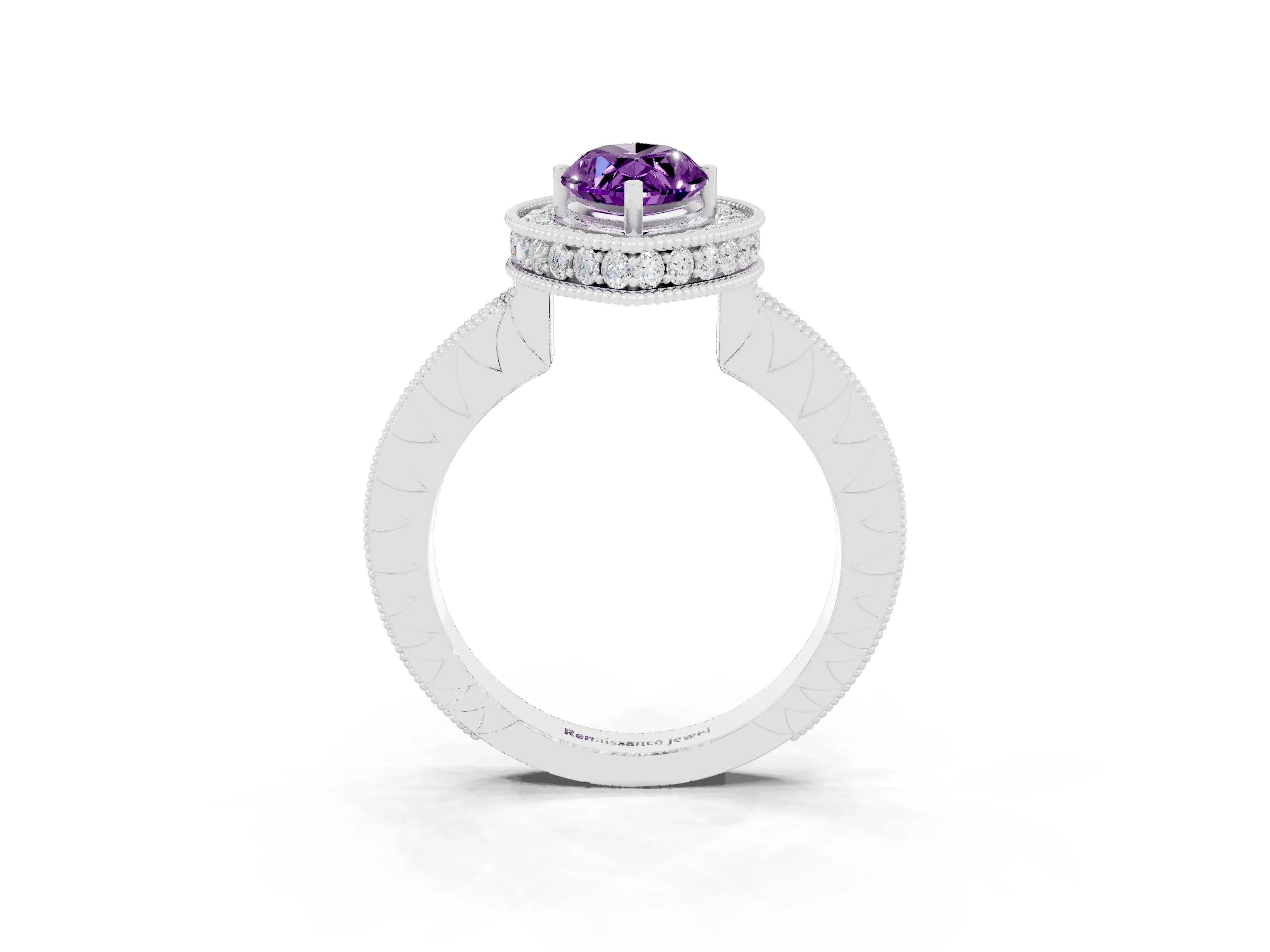 White gold Marquise Cut Halo Diamond Engagement Ring with Milgrain Pave Band and Four-Prong Setting_3