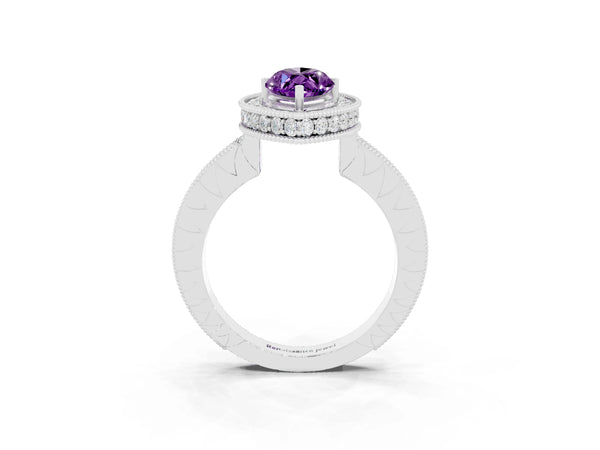 Platinum Marquise Cut Amethyst Milgrain Halo Engagement Ring with Round Pavé Band and Prong Setting