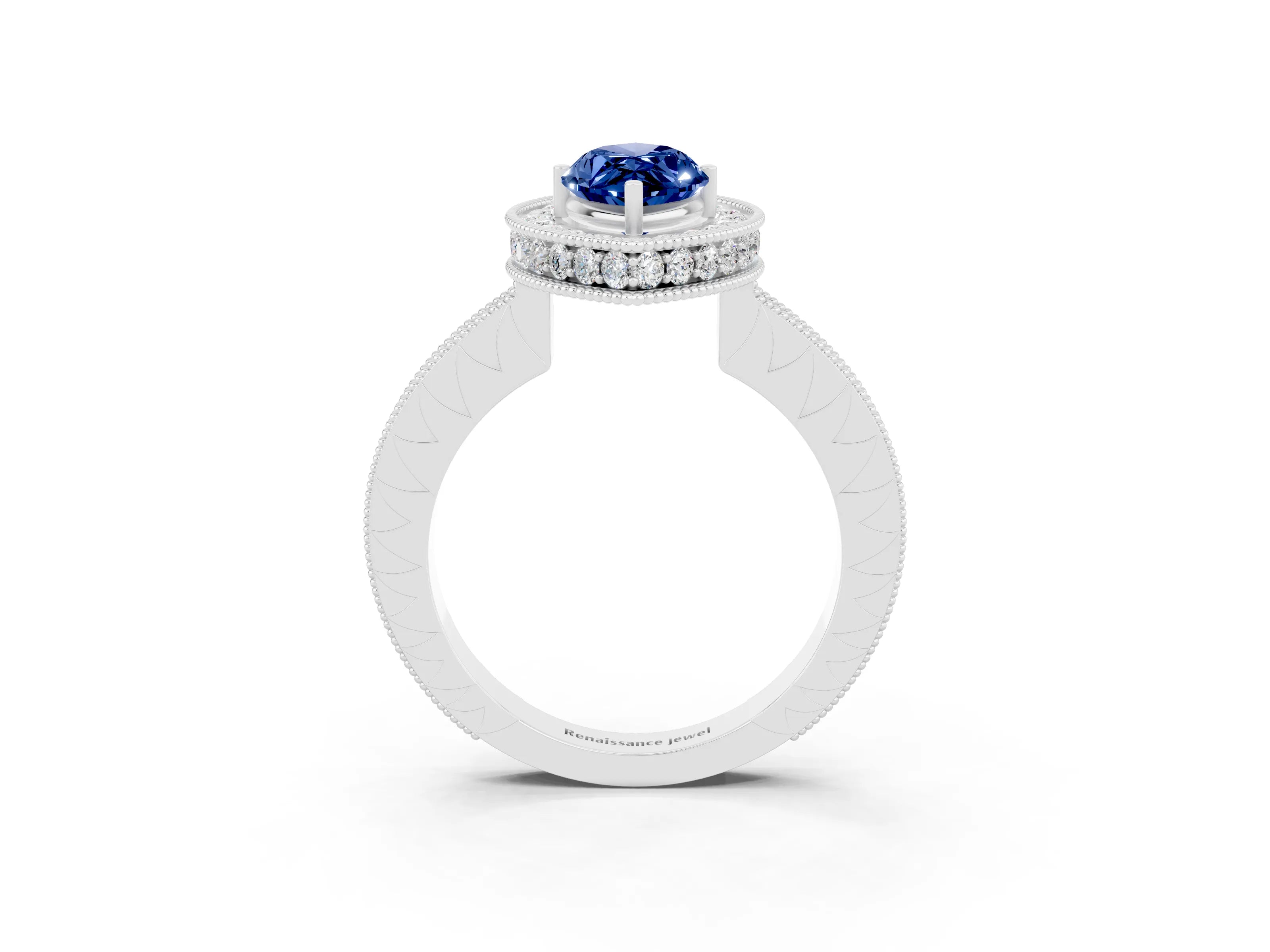 White gold Marquise Cut Halo Diamond Engagement Ring with Milgrain Pave Band and Four-Prong Setting_3