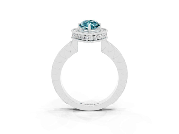 Silver Marquise Cut Halo Diamond Engagement Ring with Milgrain Pave Band and Four-Prong Setting