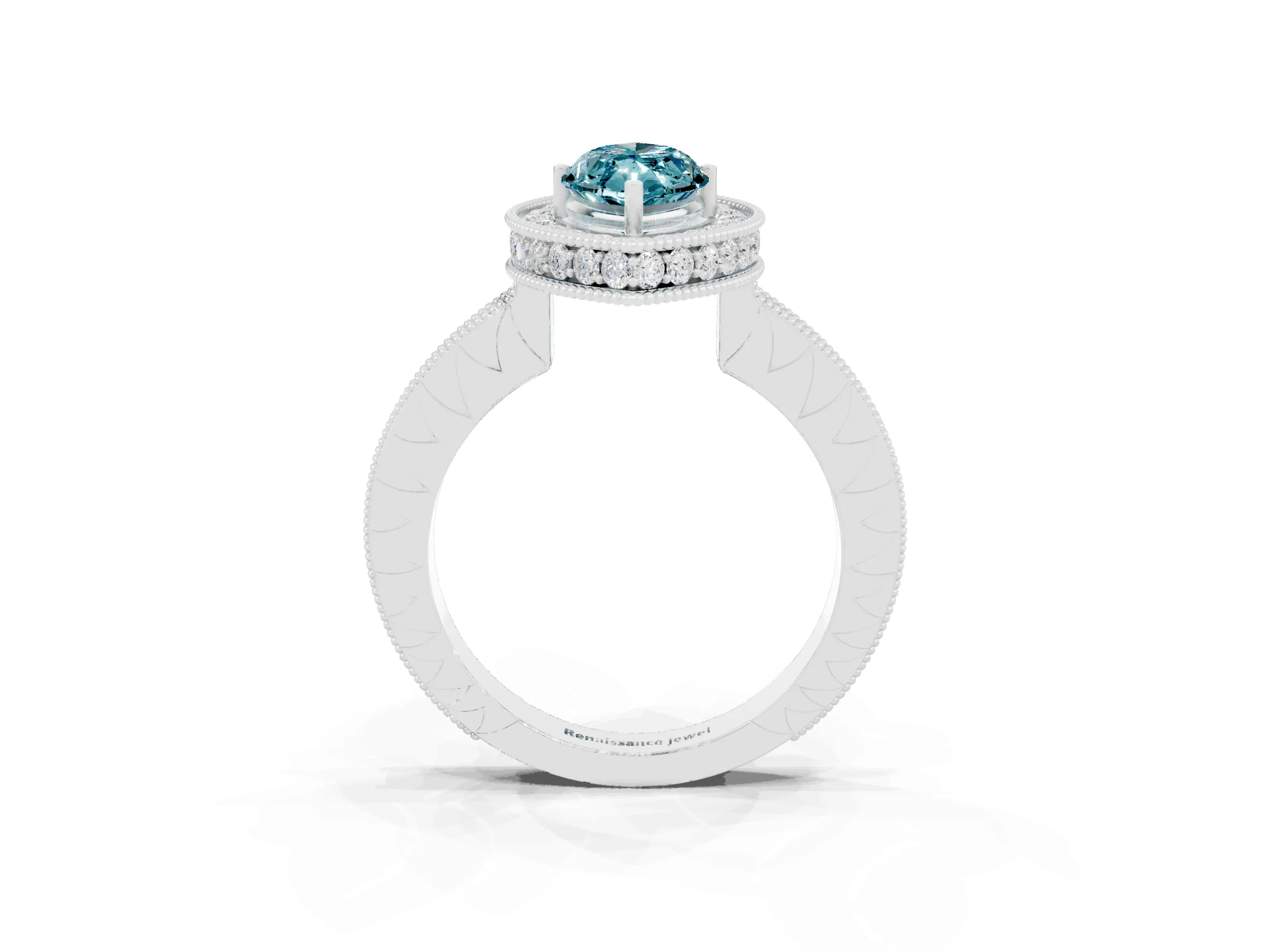 White gold Marquise Cut Halo Diamond Engagement Ring with Milgrain Pave Band and Four-Prong Setting_3