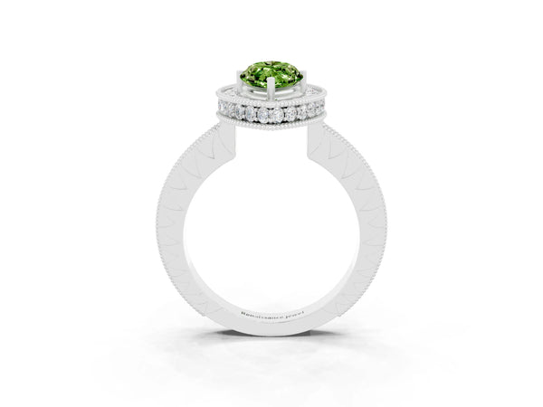 Silver Marquise Cut Halo Diamond Engagement Ring with Milgrain Pave Band and Four-Prong Setting