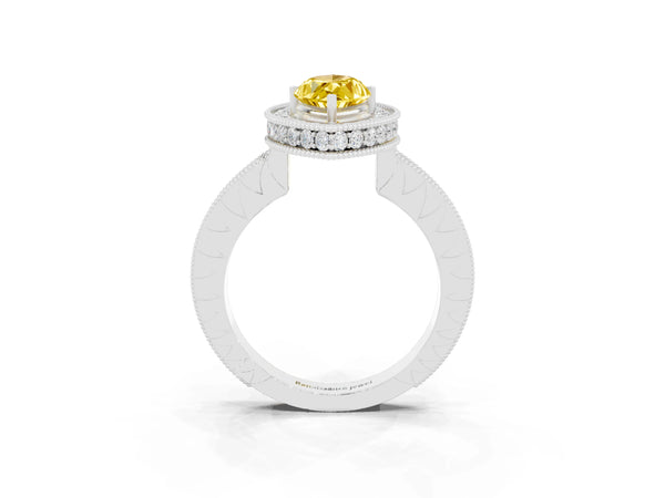 Silver Marquise Cut Halo Diamond Engagement Ring with Milgrain Pave Band and Four-Prong Setting