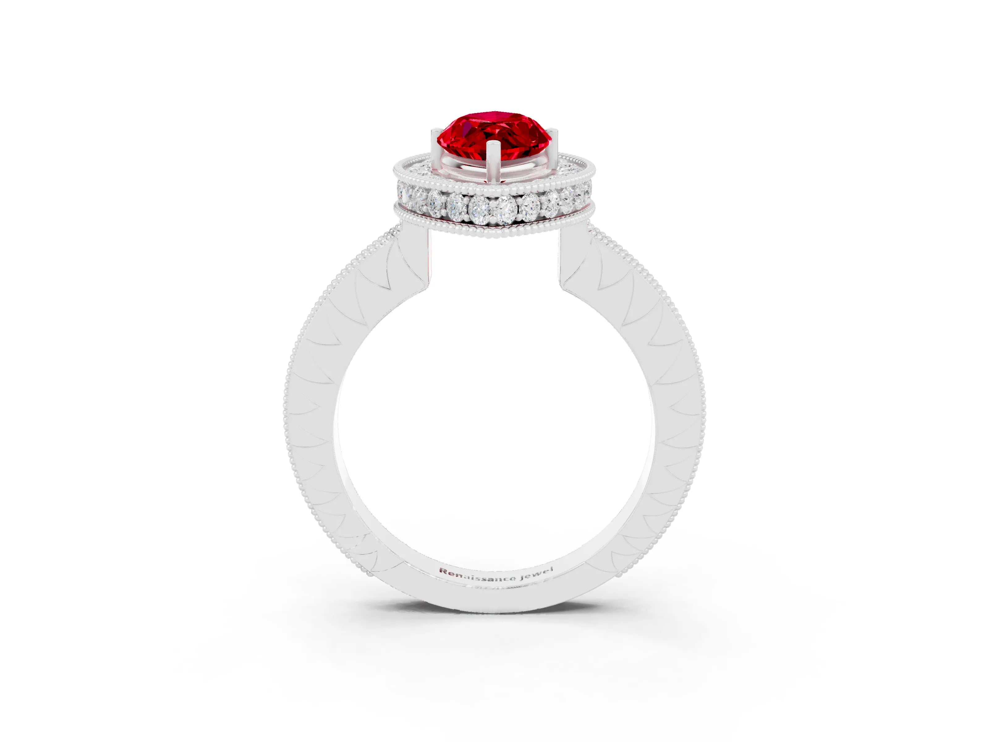 White gold Marquise Cut Halo Diamond Engagement Ring with Milgrain Pave Band and Four-Prong Setting_3