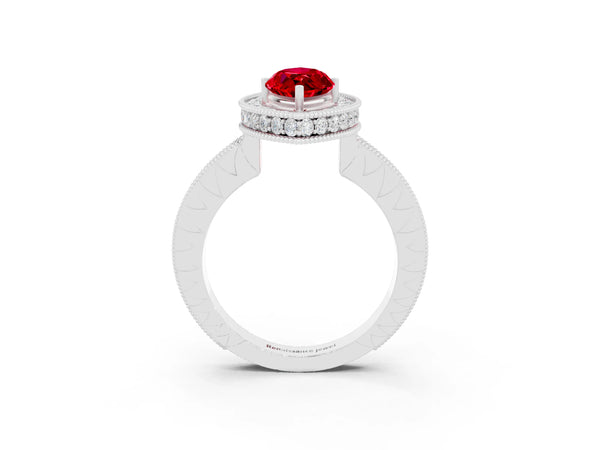 White gold Marquise Cut Halo Diamond Engagement Ring with Milgrain Pave Band and Four-Prong Setting