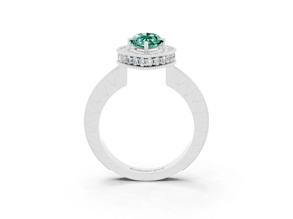 Platinum Marquise Cut Halo Diamond Engagement Ring with Milgrain Pave Band and Four-Prong Setting