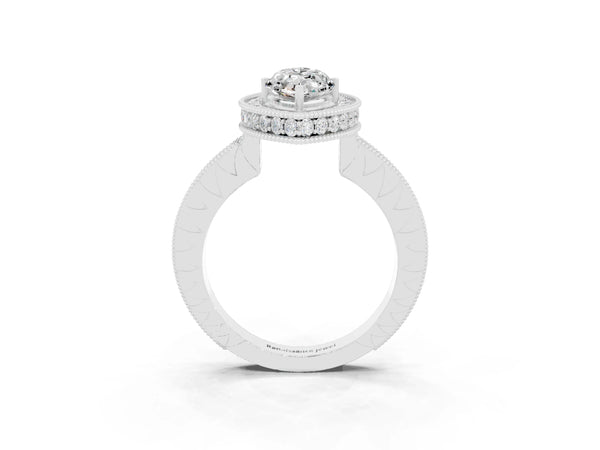 Silver Marquise Cut Halo Diamond Engagement Ring with Milgrain Pave Band and Four-Prong Setting