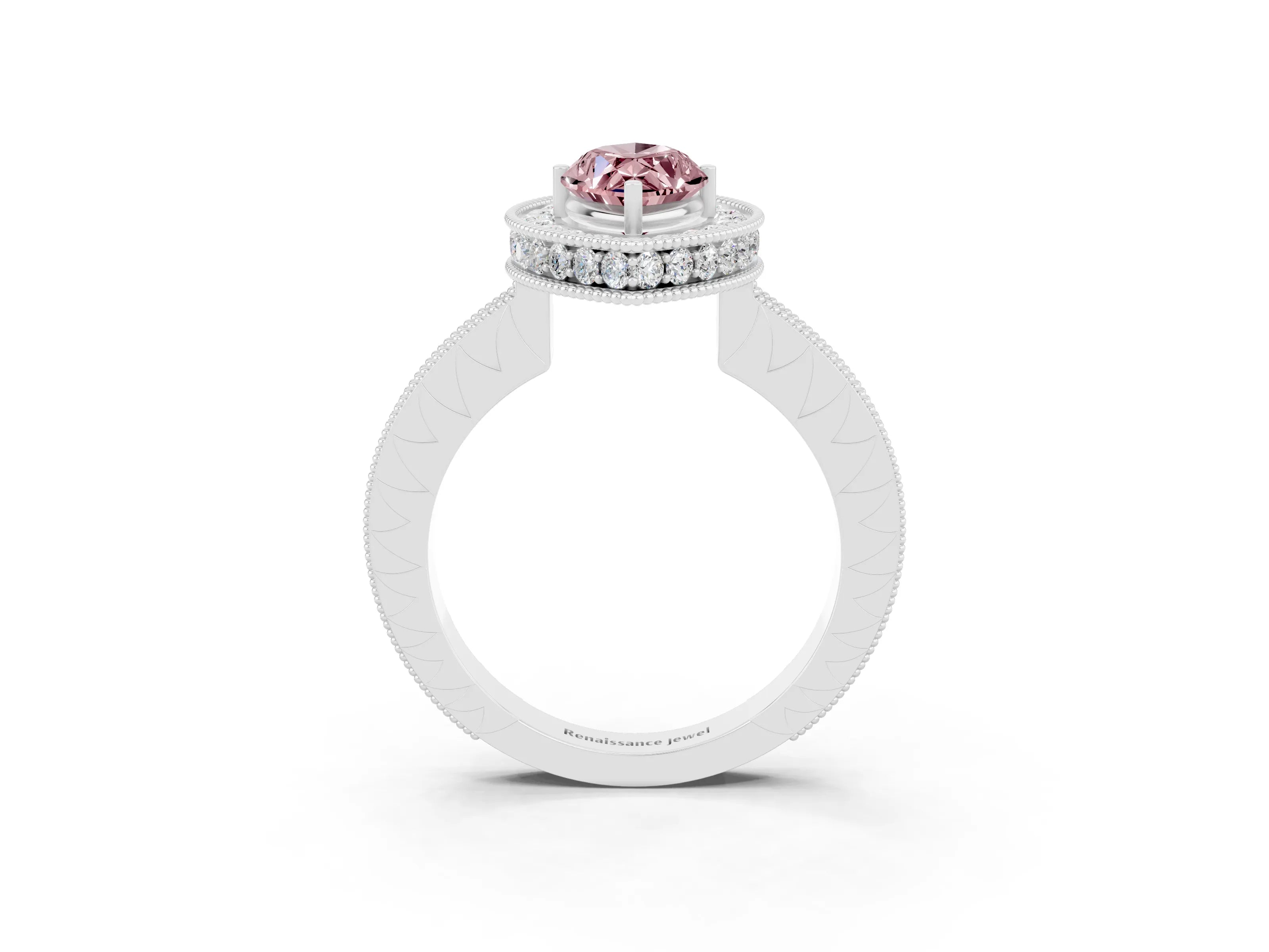 White gold Marquise Cut Halo Diamond Engagement Ring with Milgrain Pave Band and Four-Prong Setting_3