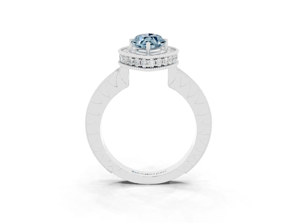 Platinum Marquise Cut Halo Diamond Engagement Ring with Milgrain Pave Band and Four-Prong Setting