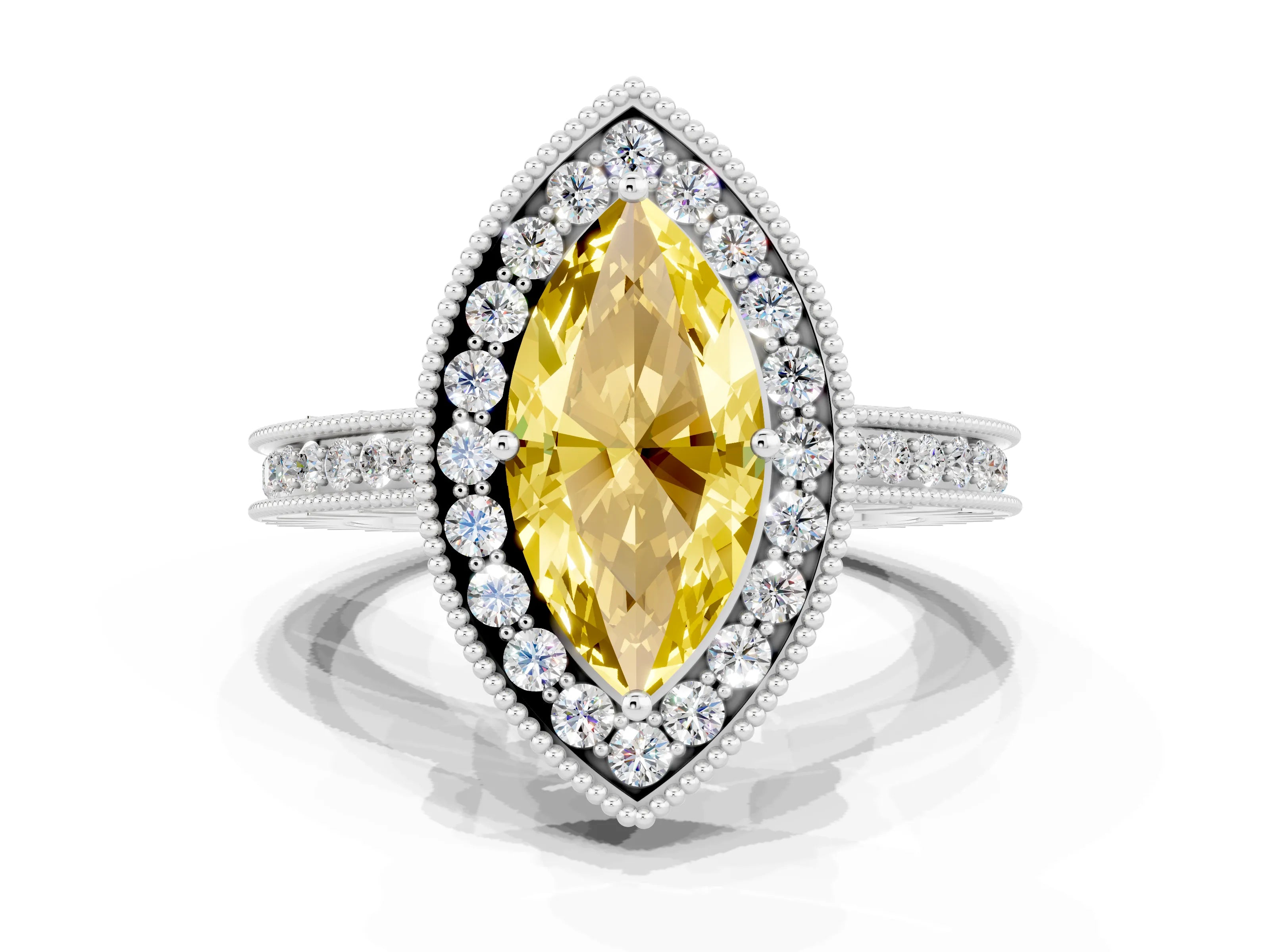 White gold Marquise Cut Halo Diamond Engagement Ring with Milgrain Pave Band and Four-Prong Setting