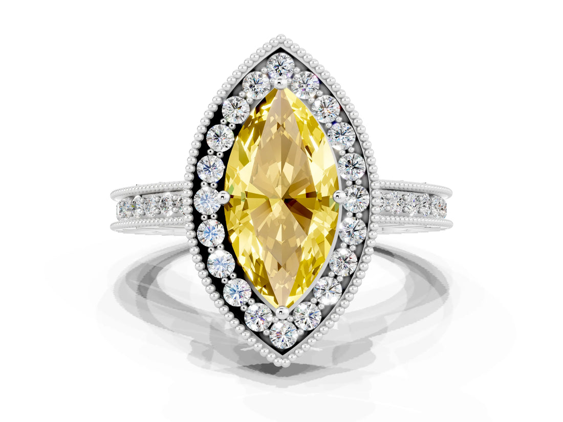 White gold Marquise Cut Halo Diamond Engagement Ring with Milgrain Pave Band and Four-Prong Setting
