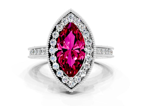 White gold Marquise Cut Halo Diamond Engagement Ring with Milgrain Pave Band and Four-Prong Setting