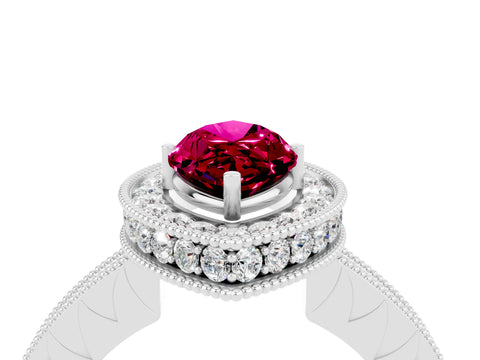 White gold Marquise Cut Halo Diamond Engagement Ring with Milgrain Pave Band and Four-Prong Setting_4