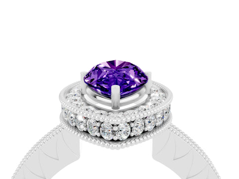 White gold Marquise Cut Halo Diamond Engagement Ring with Milgrain Pave Band and Four-Prong Setting_4