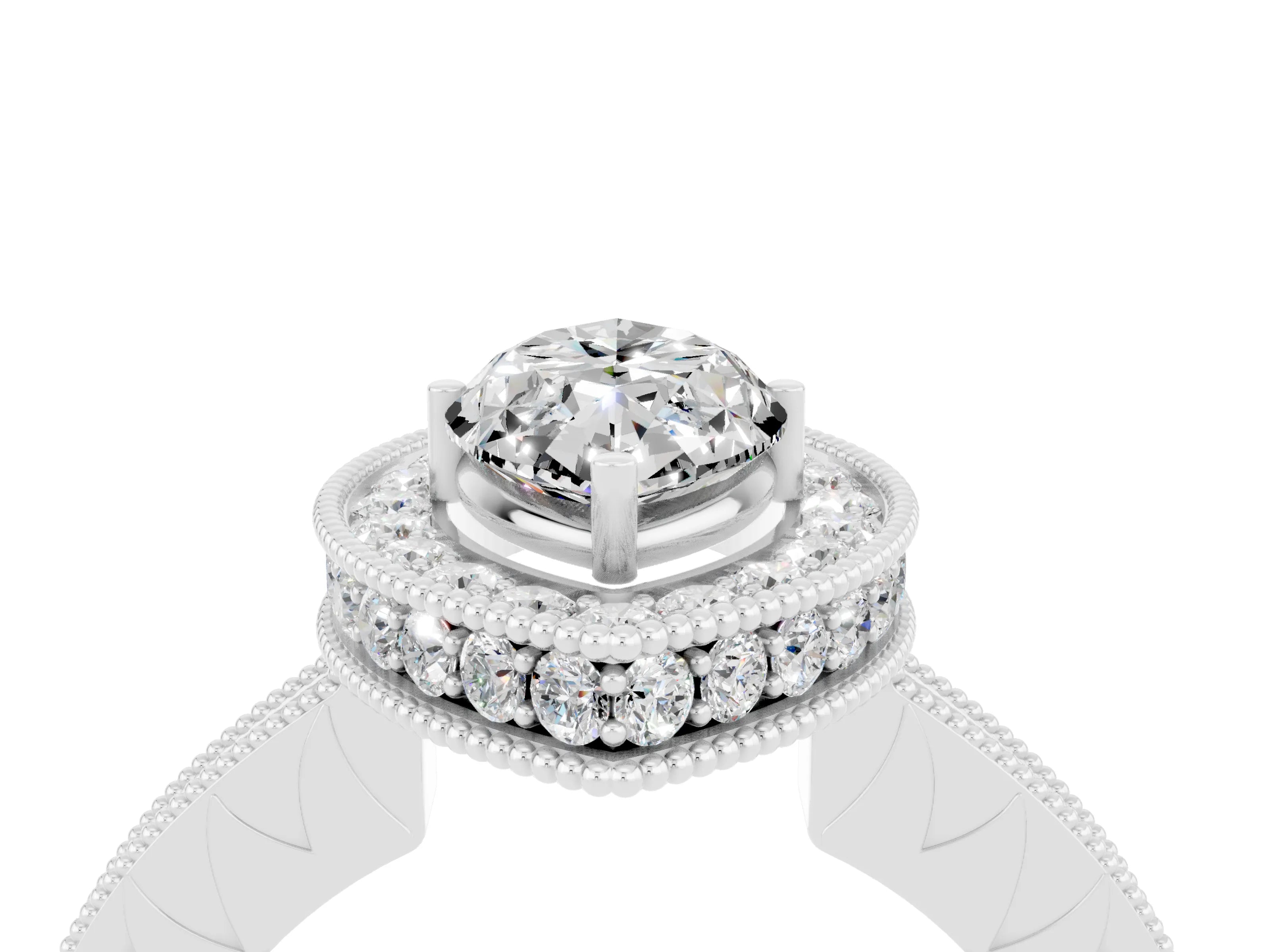 White gold Marquise Cut Halo Diamond Engagement Ring with Milgrain Pave Band and Four-Prong Setting_4
