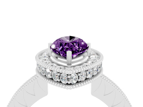 White gold Marquise Cut Halo Diamond Engagement Ring with Milgrain Pave Band and Four-Prong Setting_4