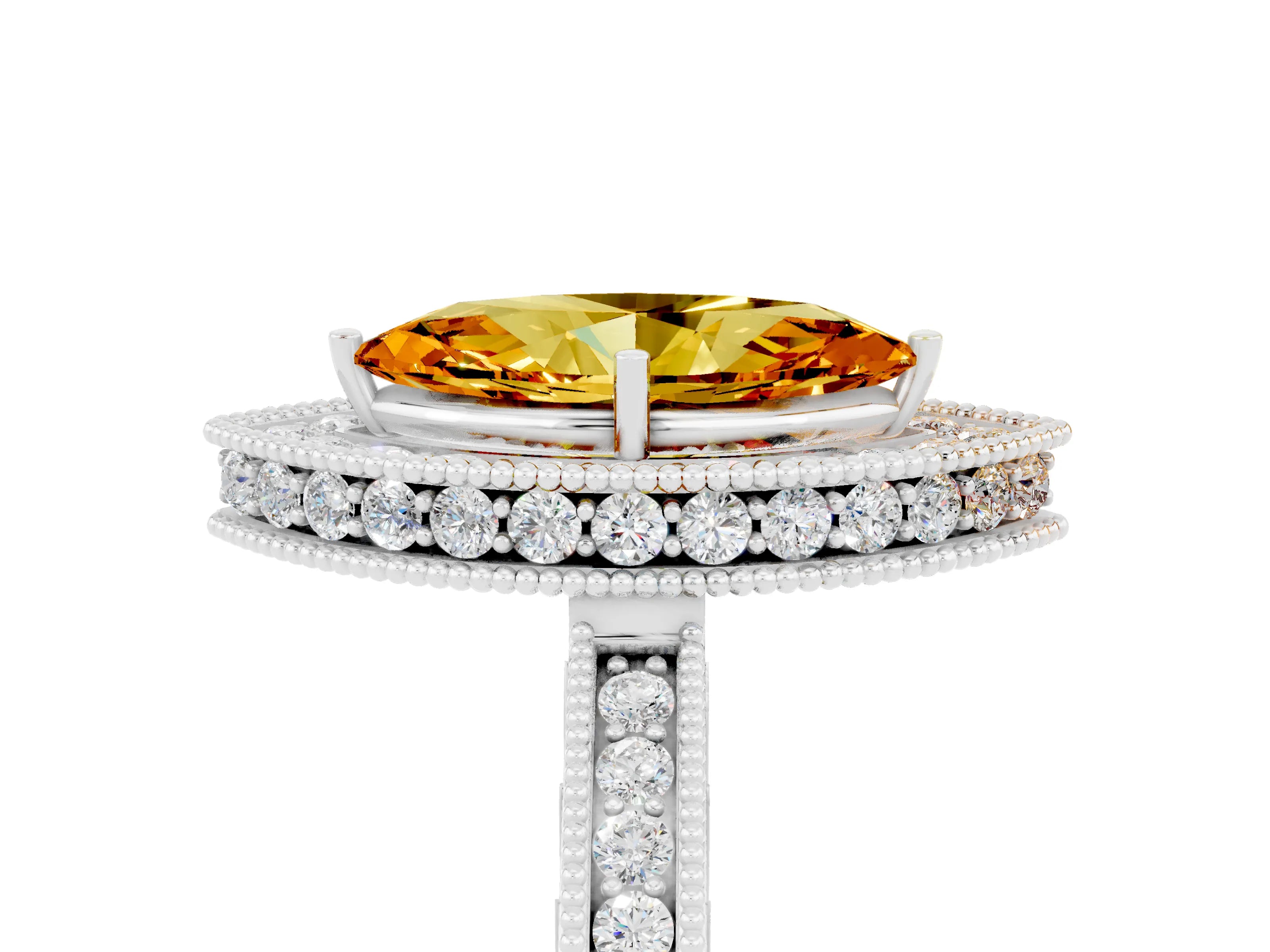 White gold Marquise Cut Halo Diamond Engagement Ring with Milgrain Pave Band and Four-Prong Setting_5