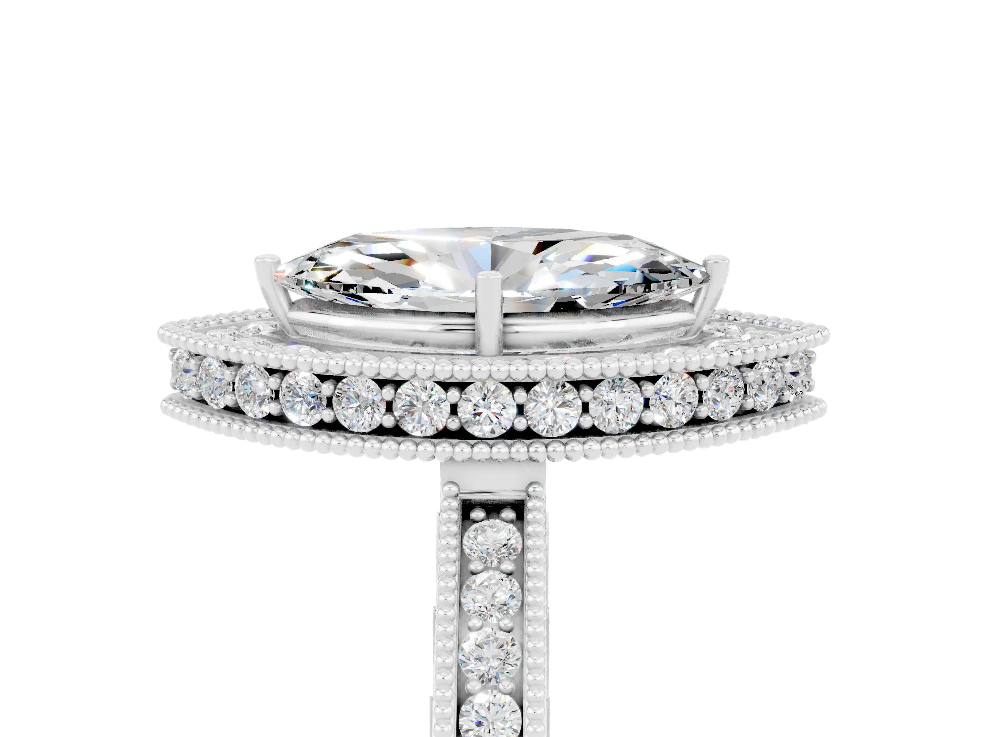 White gold Marquise Cut Halo Diamond Engagement Ring with Milgrain Pave Band and Four-Prong Setting_5