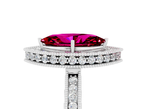 White gold Marquise Cut Halo Diamond Engagement Ring with Milgrain Pave Band and Four-Prong Setting_5