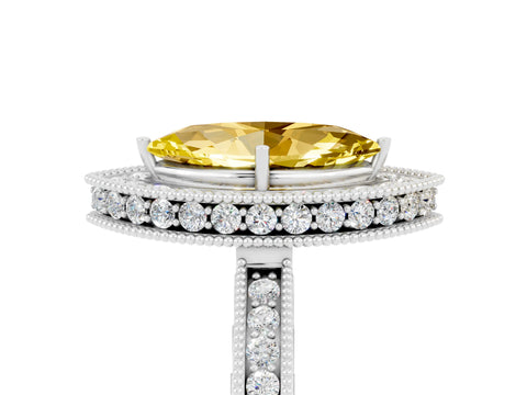 White gold Marquise Cut Halo Diamond Engagement Ring with Milgrain Pave Band and Four-Prong Setting_5