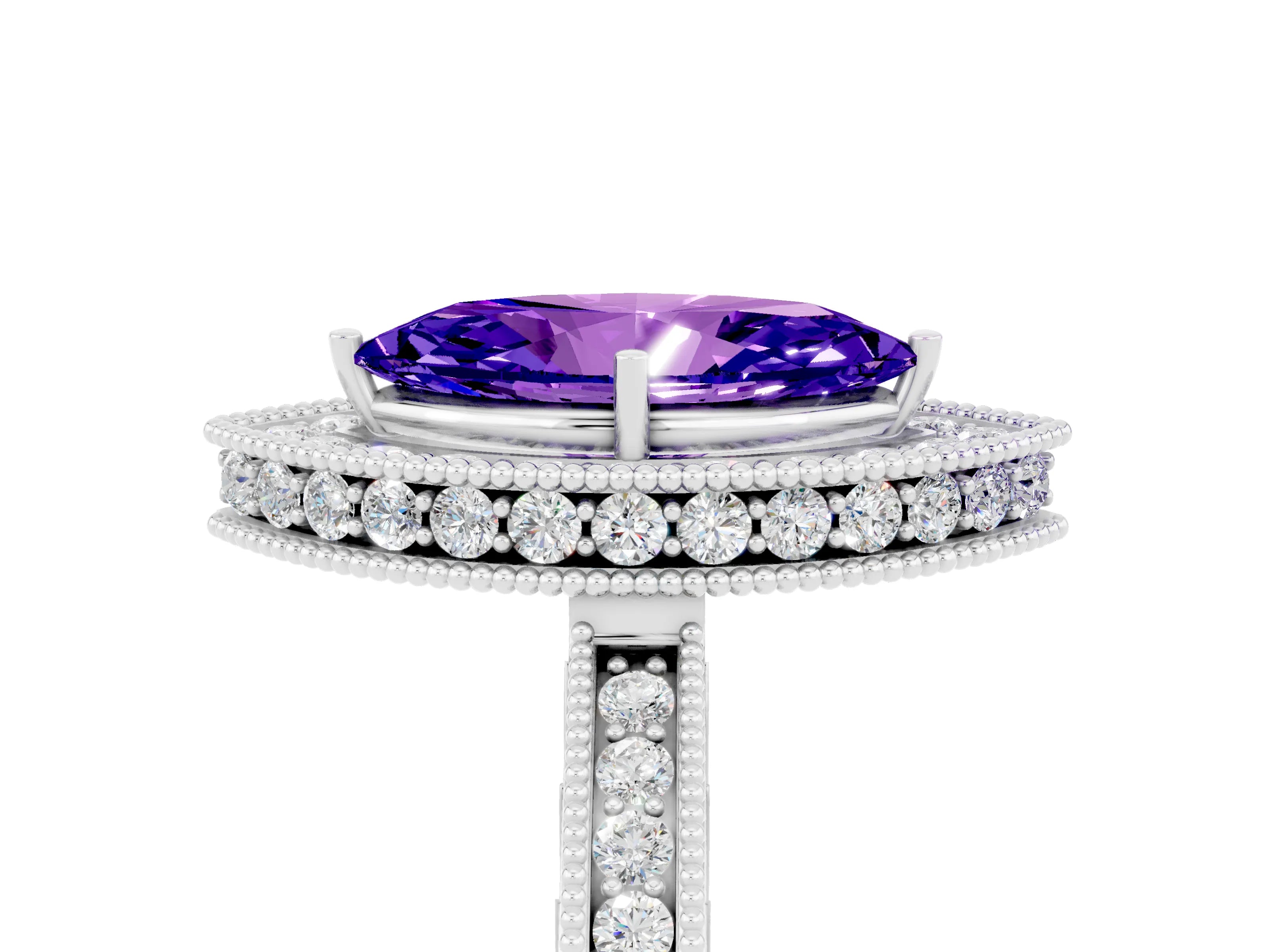 White gold Marquise Cut Halo Diamond Engagement Ring with Milgrain Pave Band and Four-Prong Setting_5