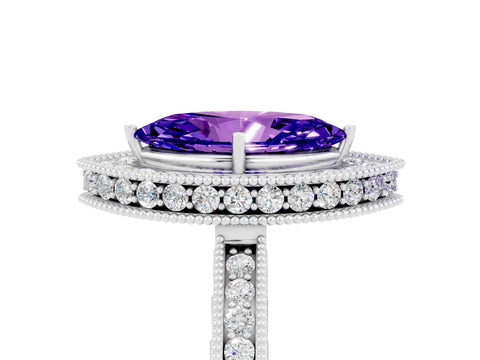 White gold Marquise Cut Halo Diamond Engagement Ring with Milgrain Pave Band and Four-Prong Setting_5