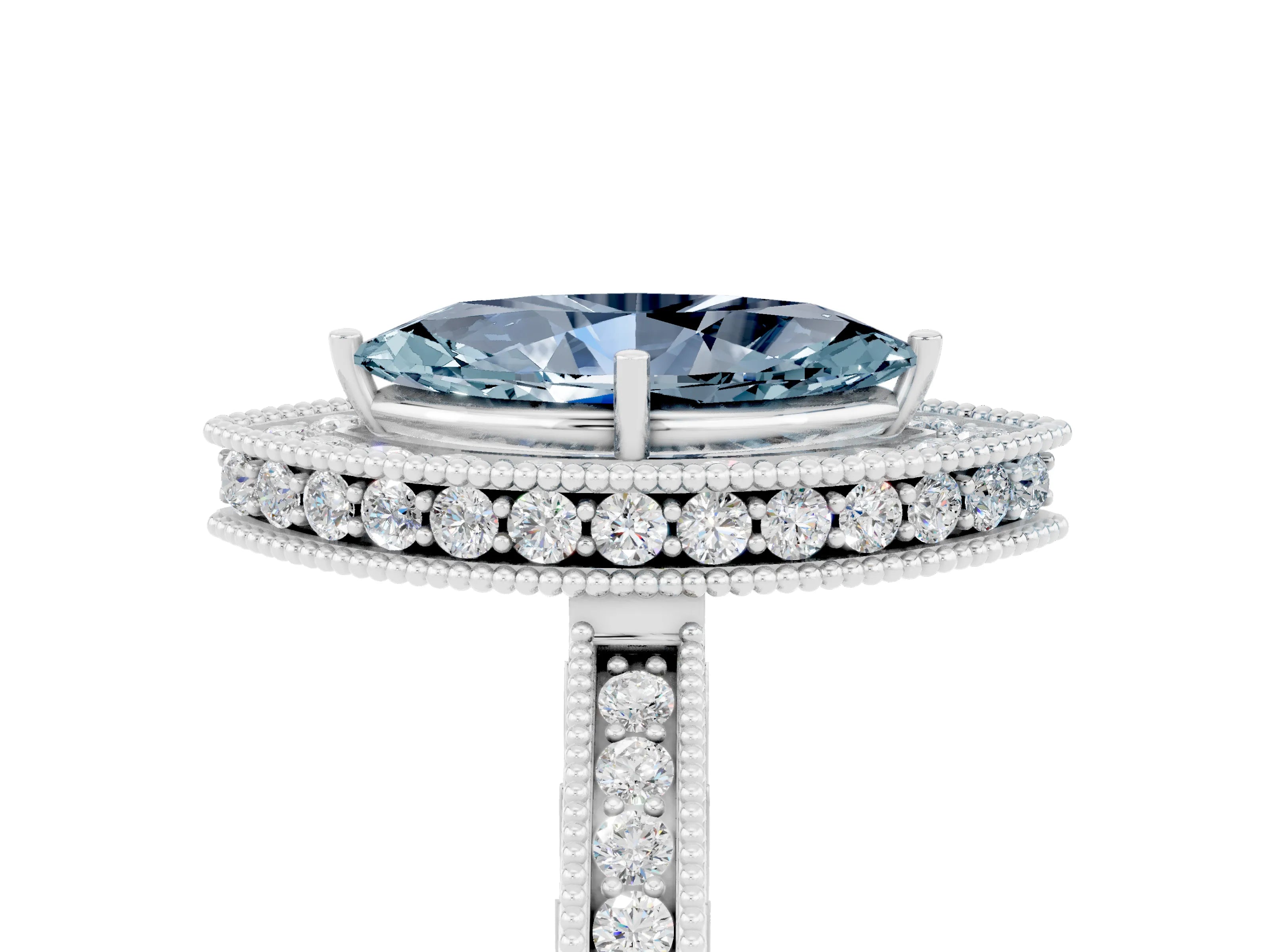 White gold Marquise Cut Halo Diamond Engagement Ring with Milgrain Pave Band and Four-Prong Setting_5