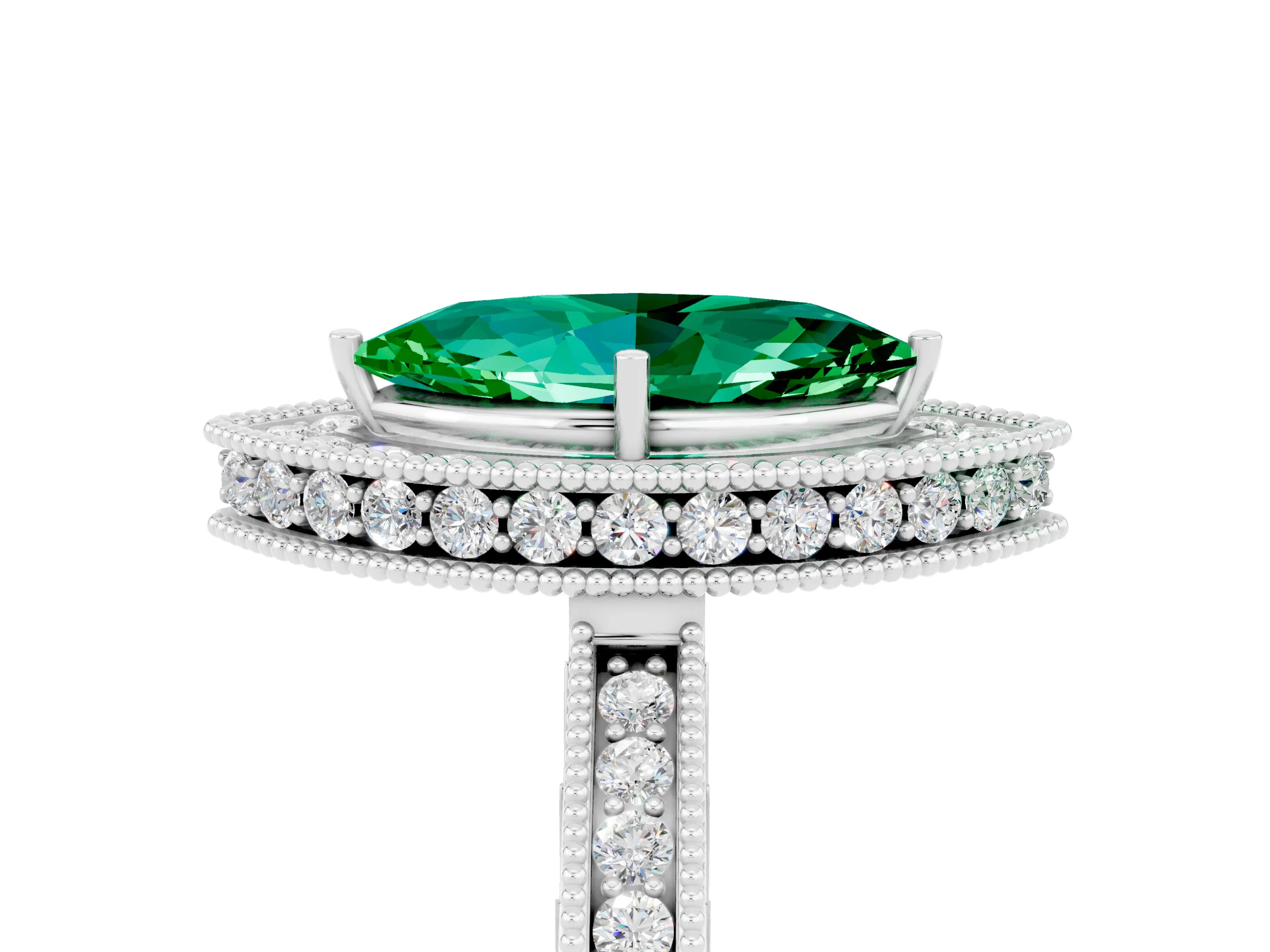 White gold Marquise Cut Halo Diamond Engagement Ring with Milgrain Pave Band and Four-Prong Setting_5