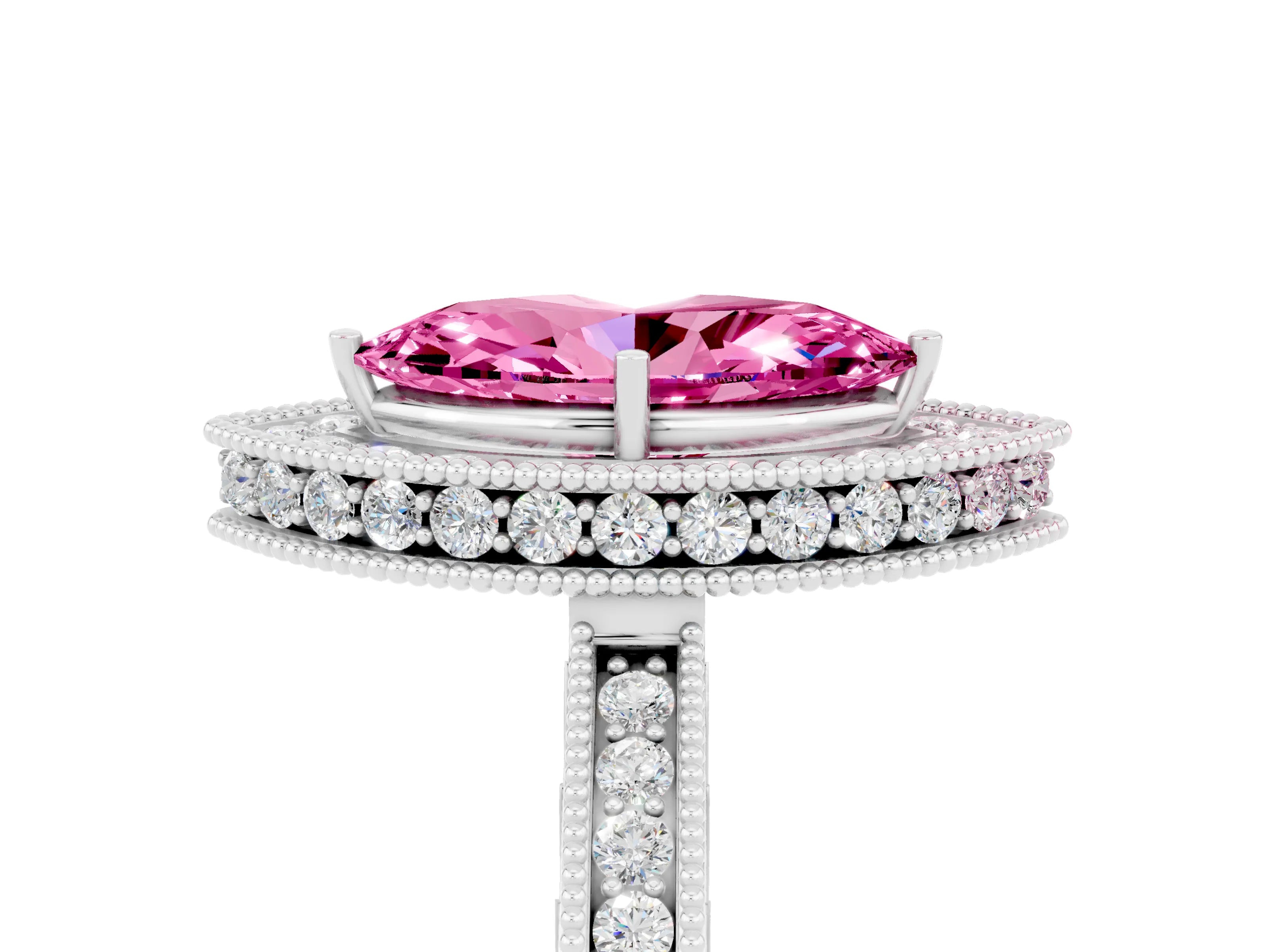 White gold Marquise Cut Halo Diamond Engagement Ring with Milgrain Pave Band and Four-Prong Setting_5