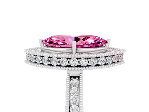 White gold Marquise Cut Halo Diamond Engagement Ring with Milgrain Pave Band and Four-Prong Setting_5