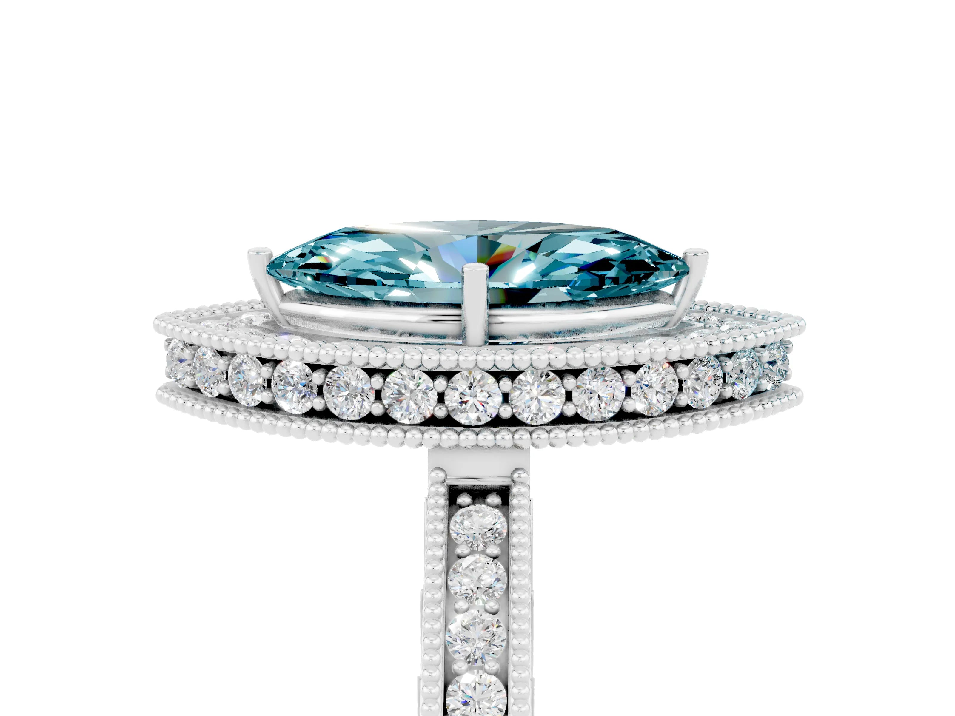 White gold Marquise Cut Halo Diamond Engagement Ring with Milgrain Pave Band and Four-Prong Setting_5