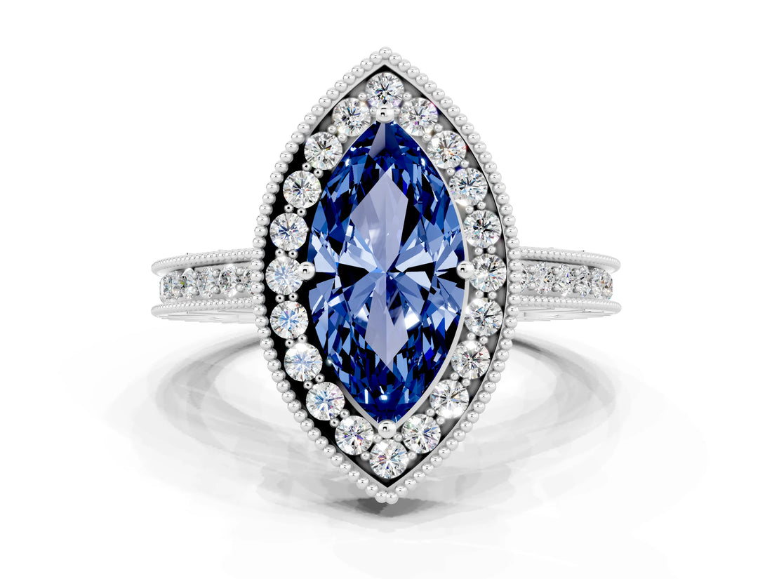 White gold Marquise Cut Halo Diamond Engagement Ring with Milgrain Pave Band and Four-Prong Setting