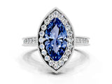 White gold Marquise Cut Halo Diamond Engagement Ring with Milgrain Pave Band and Four-Prong Setting