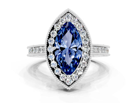 White gold Marquise Cut Halo Diamond Engagement Ring with Milgrain Pave Band and Four-Prong Setting