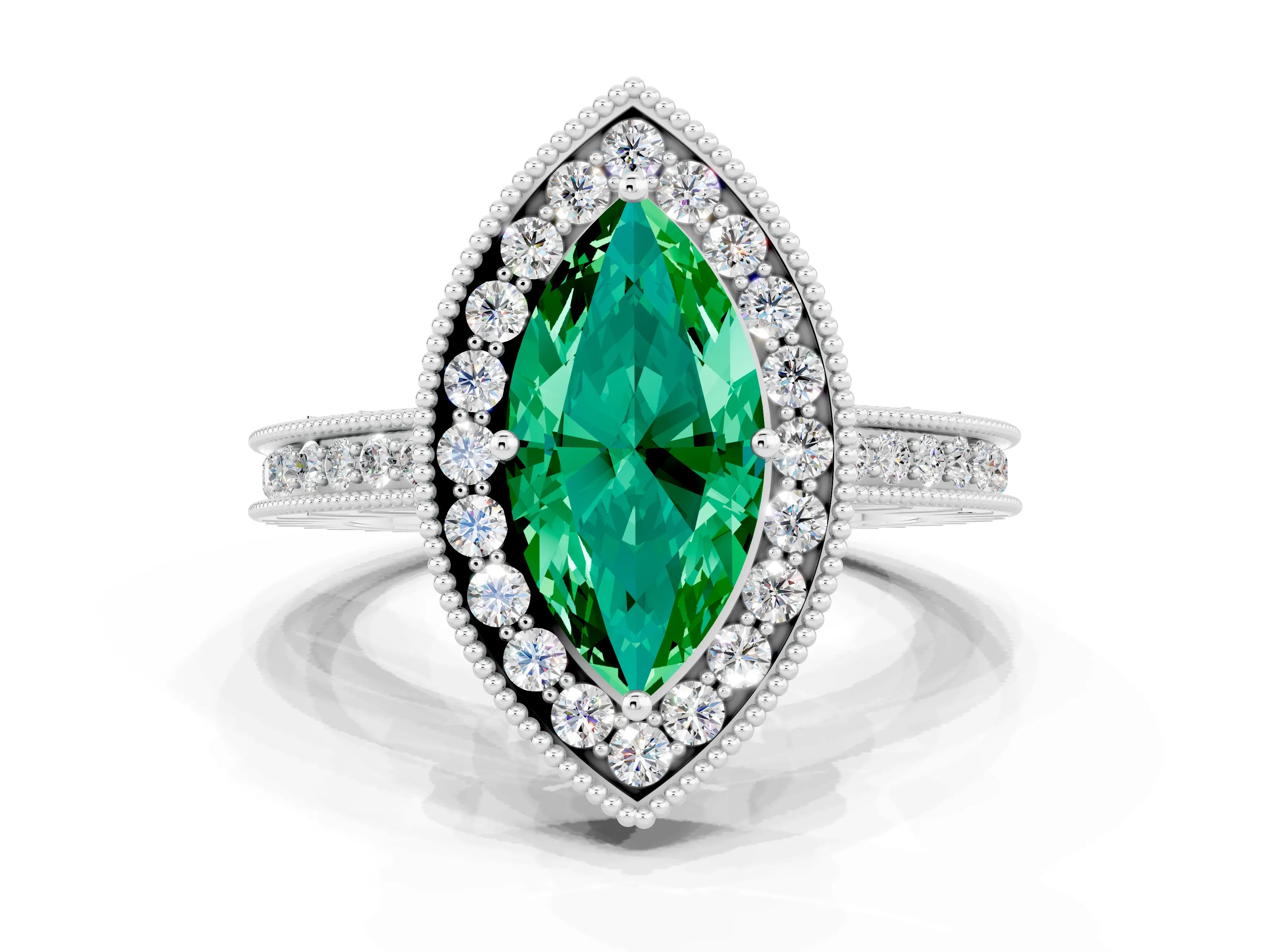 White gold Marquise Cut Halo Diamond Engagement Ring with Milgrain Pave Band and Four-Prong Setting