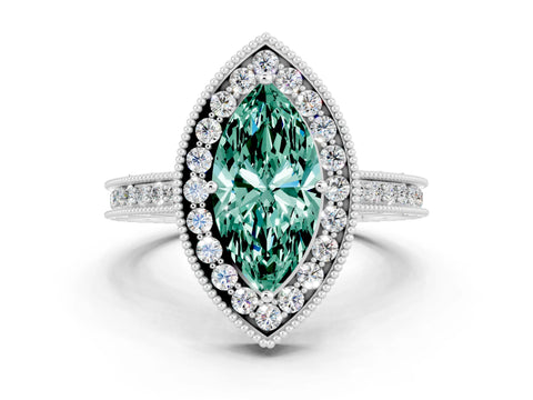 White gold Marquise Cut Halo Diamond Engagement Ring with Milgrain Pave Band and Four-Prong Setting