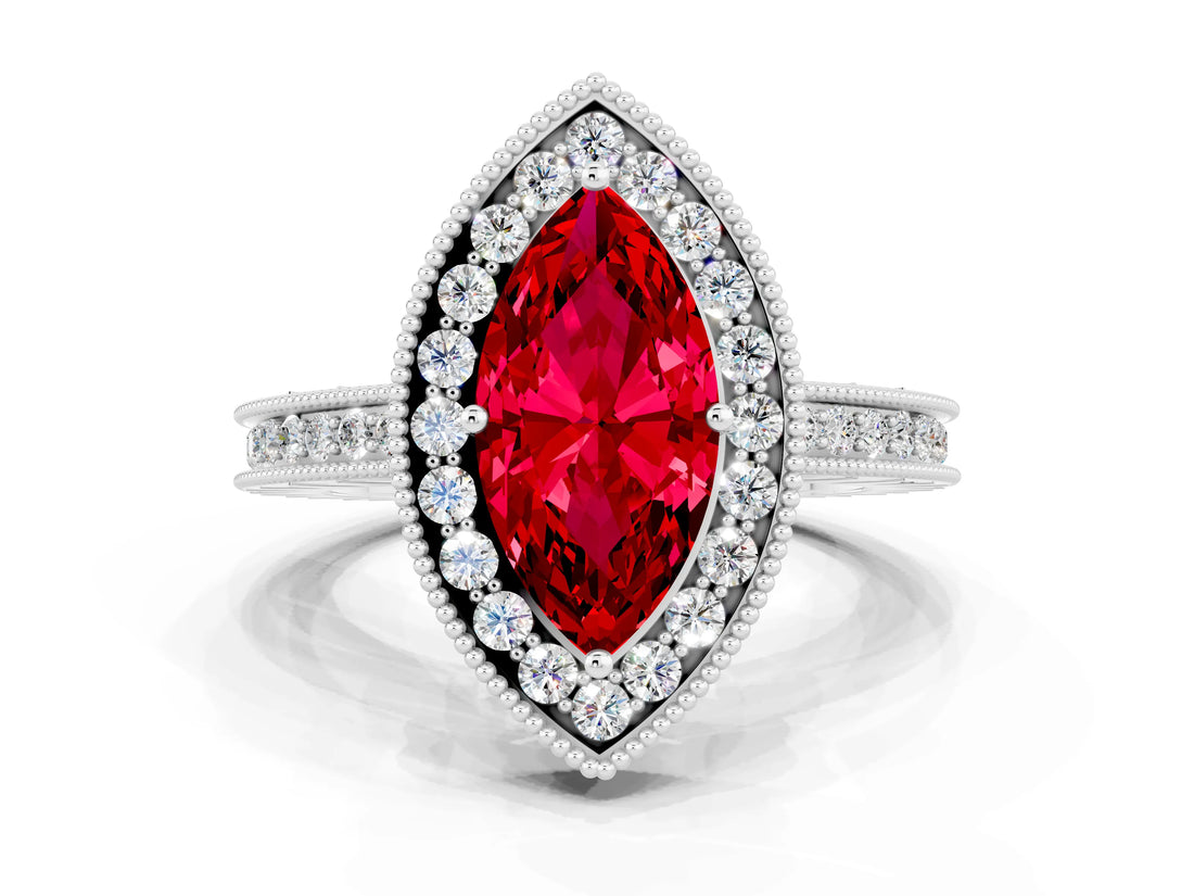 White gold Marquise Cut Halo Diamond Engagement Ring with Milgrain Pave Band and Four-Prong Setting