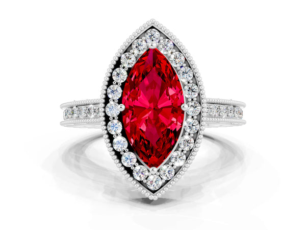 White gold Marquise Cut Halo Diamond Engagement Ring with Milgrain Pave Band and Four-Prong Setting