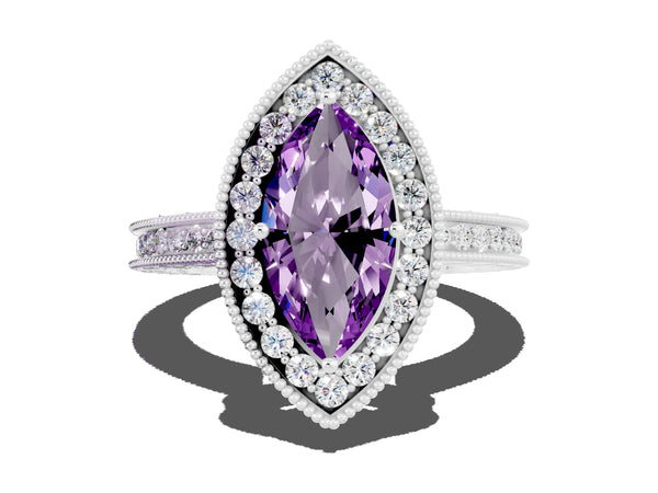 White gold Marquise Cut Amethyst Milgrain Halo Engagement Ring with Round Pavé Band and Prong Setting