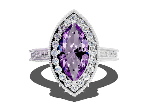 White gold Marquise Cut Halo Diamond Engagement Ring with Milgrain Pave Band and Four-Prong Setting
